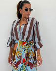 Camicia coreana con bottone celeste/marrone chiaro